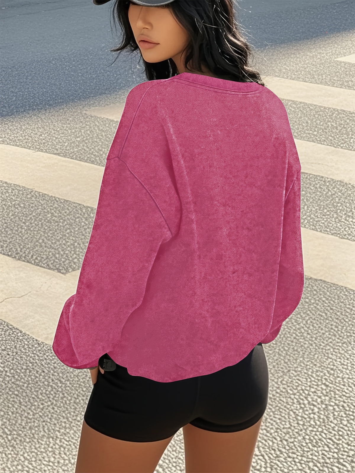 Women's Vintage Washed Crew Neck Sweatshirt - California Los Angeles Graphic Letter Print, Oversized Casual Pullover for Fall Winter, Machine Washable, Cute Sweatshirts, Everyday Clothing, Winter Apparel, Cozy Texture, Relaxed Fit - Rose Red