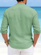 Men'S Casual Faux Linen Stand-Collar Long Sleeve Shirt, Breathable And Sweat-Absorbing Comfortable Fabric Blouse, Suitable for Outings, Parties, Beach Vacations, And Daily Wear, Machine Washable Regular Fit, Sweat-Resistant - Green