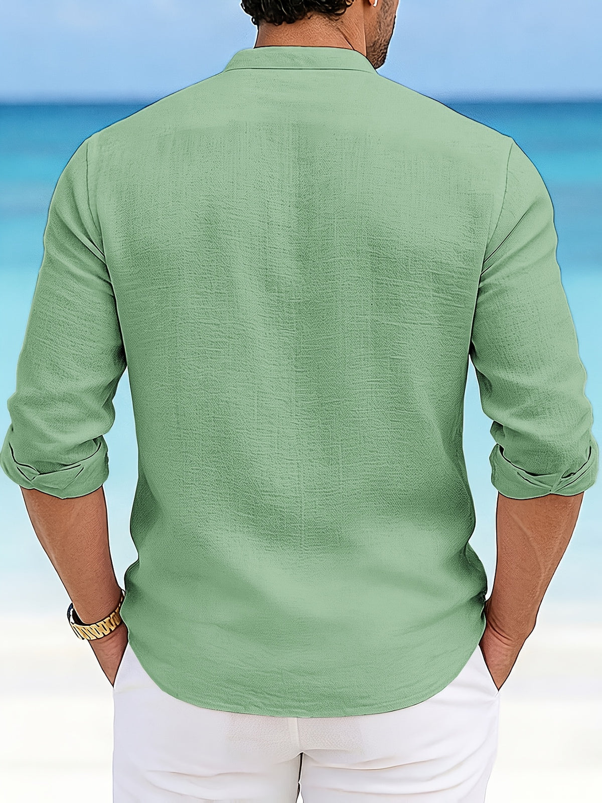 Men'S Casual Faux Linen Stand-Collar Long Sleeve Shirt, Breathable And Sweat-Absorbing Comfortable Fabric Blouse, Suitable for Outings, Parties, Beach Vacations, And Daily Wear, Machine Washable Regular Fit, Sweat-Resistant - Green