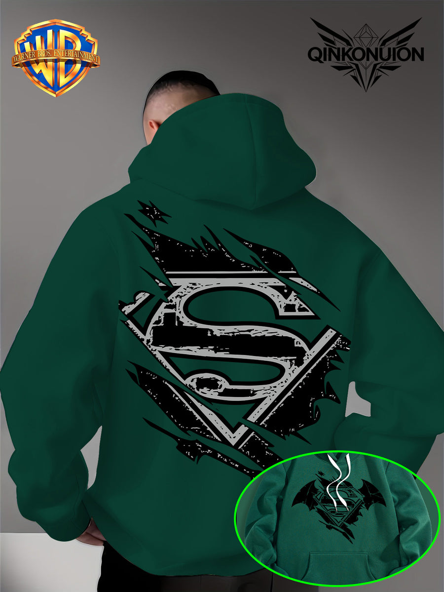 Warner Official Men's Hooded Sweatshirt, Black and White Distressed Batman Symbol Torn Wind Print Design, Machine Washable, Cozy and Comfortable Daily Drawstring Hooded Sweatshirt for Autumn and Winter, Versatile Sporty Casual Loose Fit - Green