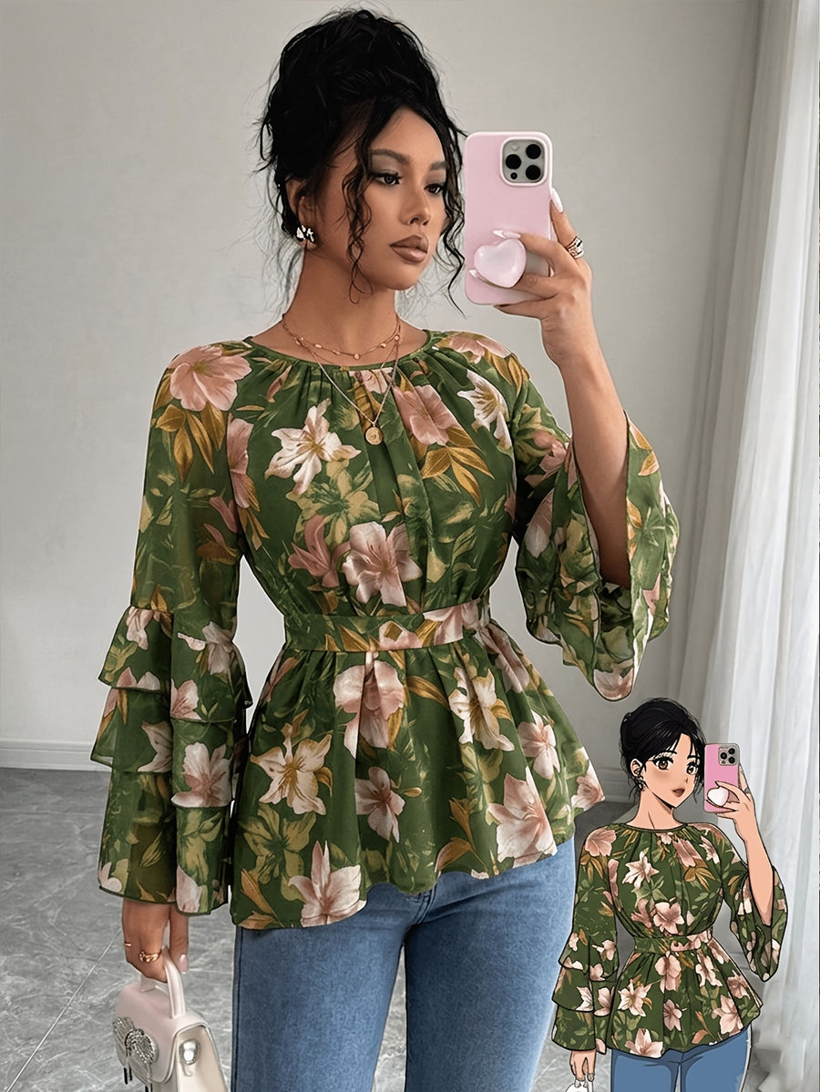 Women'S Summer Elegant Top, Chiffon Floral Print Layered Ruffle Sleeve, Waist Tie Festival Outfit, Holiday Vacation Wear Shirt - Green