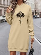 Women'S Fashion Letter Print Hooded Dress, Women'S Fall Winter Premium Trendy Street Style Youthful Fleece Color-Block Hooded Sweatshirt Casual Top, Casual Versatile Hoodie Outerwear, Pullover Shirt, Long Sleeve Sweater, Elegant - Apricot