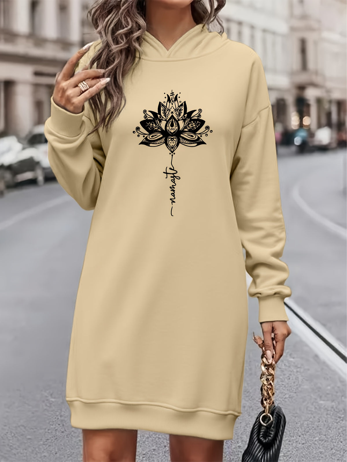 Women'S Fashion Letter Print Hooded Dress, Women'S Fall Winter Premium Trendy Street Style Youthful Fleece Color-Block Hooded Sweatshirt Casual Top, Casual Versatile Hoodie Outerwear, Pullover Shirt, Long Sleeve Sweater, Elegant - Apricot