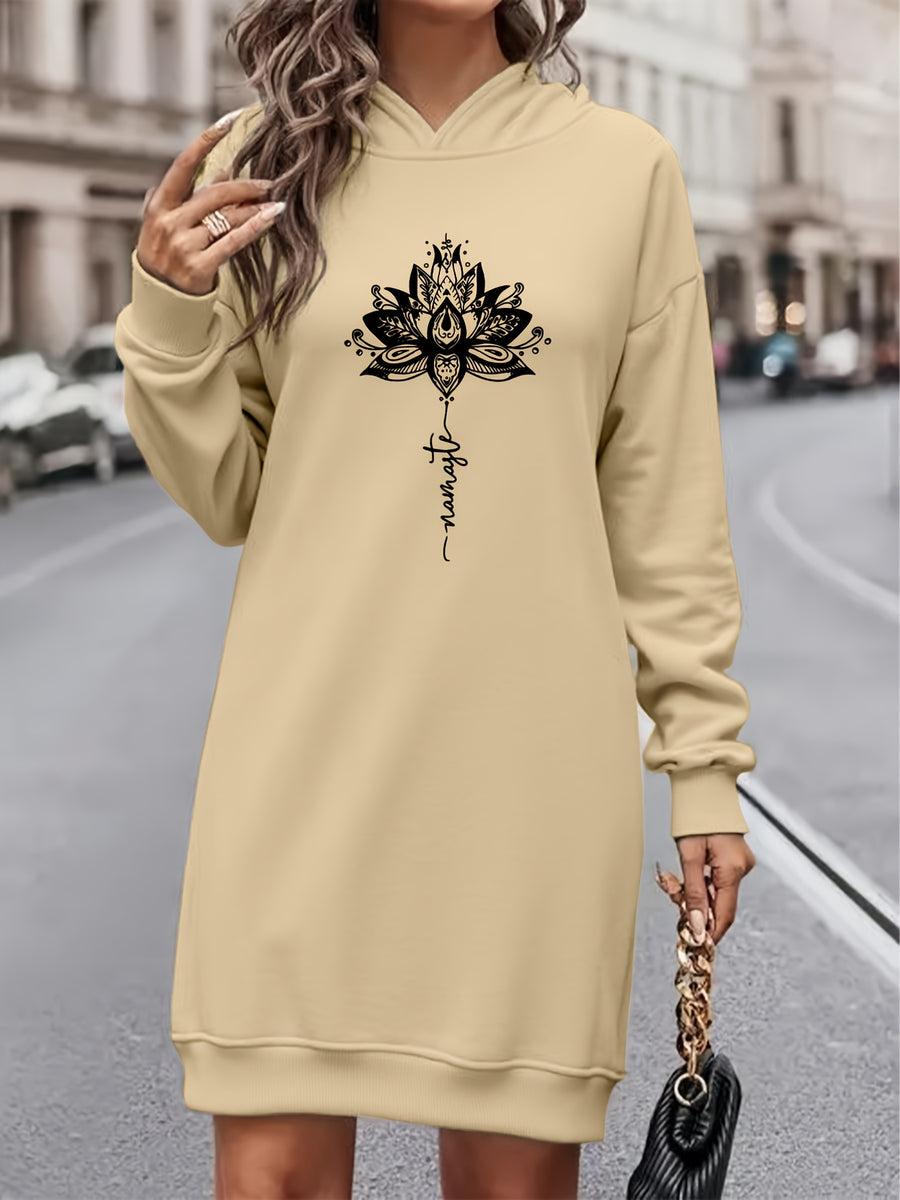 Women'S Fashion Letter Print Hooded Dress, Women'S Fall Winter Premium Trendy Street Style Youthful Fleece Color-Block Hooded Sweatshirt Casual Top, Casual Versatile Hoodie Outerwear, Pullover Shirt, Long Sleeve Sweater, Elegant - Apricot