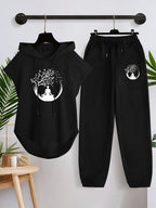 Women'S Sleeveless Hoodie And Casual Long Pants Set X4500 - Black