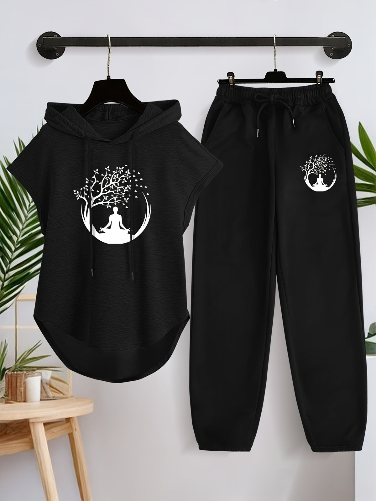 Women'S Sleeveless Hoodie And Casual Long Pants Set X4500 - Black