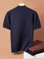 Men Mock Neck Short Sleeve Knit Sweater, Thick Warm Knit Top for Spring Autumn Winter, Wearable Alone Or As Undershirt. Soft Premium Skin-Touch Fabric, Fine Vertical Rib Design to Slim Your Figure for Fashionable Handsome Styling - Navy Color