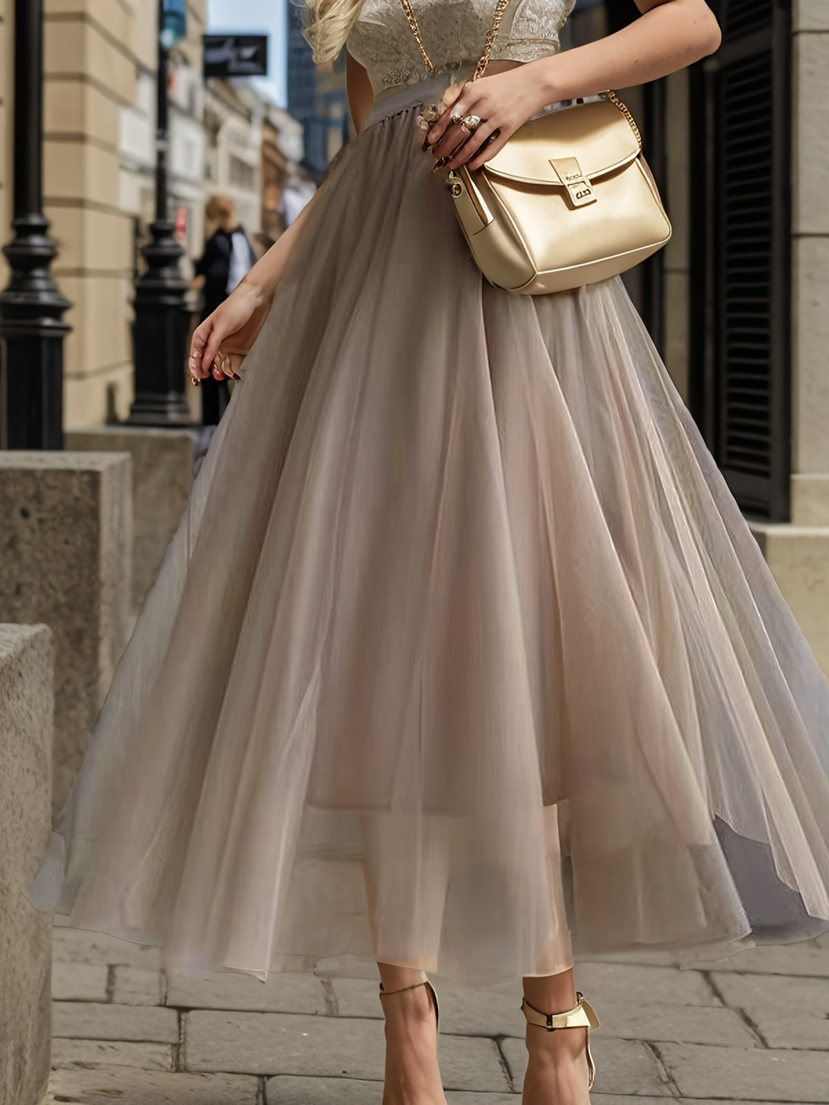 Double 10 Meter 3-Layer Tulle Skirt, Large Swing Puffy Long Skirt, High-Waisted Slim Fit Fairy Half Skirt, Mesh Skirt A-Line Skirt - Tawny
