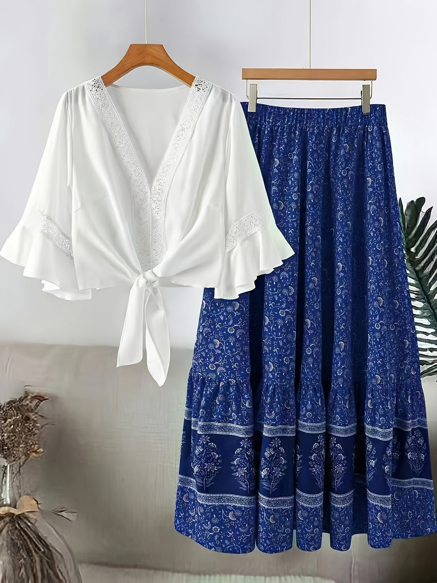 Plus Size Women'S Lace Trim Fashion Set, Suitable for Spring/Summer Vacation Casual All-Match Two-Piece Outfit - Blue
