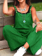 Women's Vacation Wide-Leg Jumpsuit - Sleeveless with Adjustable Buckle Straps, Pockets Included, Machine Washable, Solid Color - Green