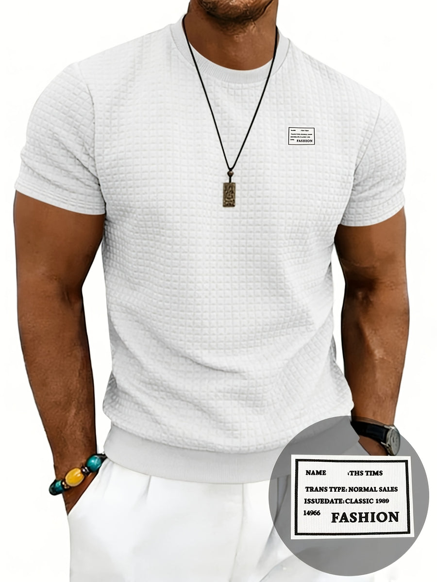 Men'S Waffle Knit T-Shirt, a Short Sleeve Crew Neck Casual Summer Top Featuring Premium Handcrafted Fashion Labeling. Made from Textured, Breathable Fabric with a Soft And Lightweight Feel, Offering a Comfortable Slim-Fit Design - White