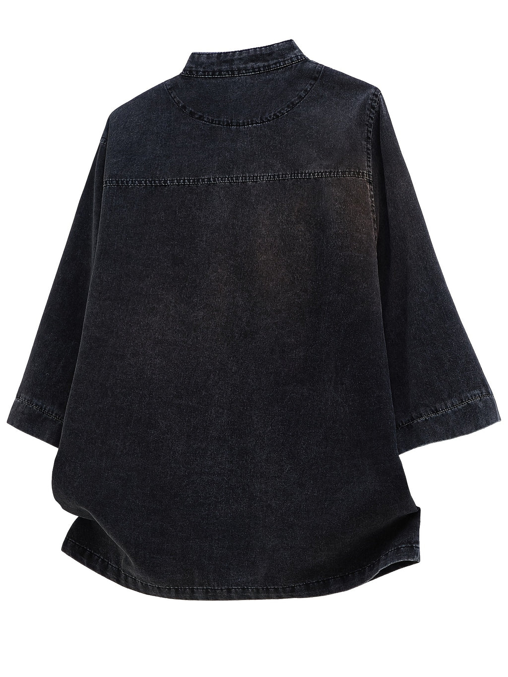 Xingmengzhi OBM Men's Denim Shirt, Three-Quarter Sleeve Loose Fit New Chinese Style Chinese-Inspired Button-Up Top, Stand Collar Thin Denim Cardigan - Black