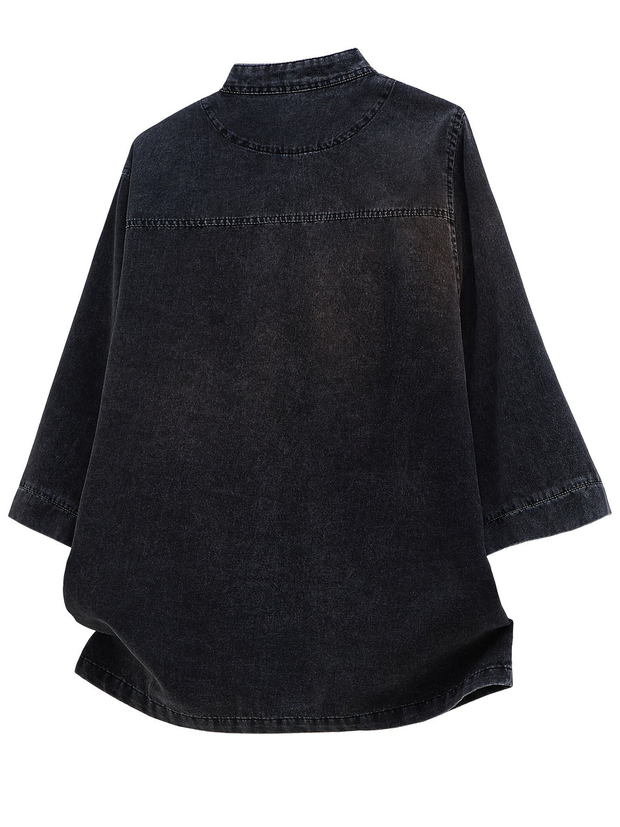 Xingmengzhi OBM Men's Denim Shirt, Three-Quarter Sleeve Loose Fit New Chinese Style Chinese-Inspired Button-Up Top, Stand Collar Thin Denim Cardigan - Black