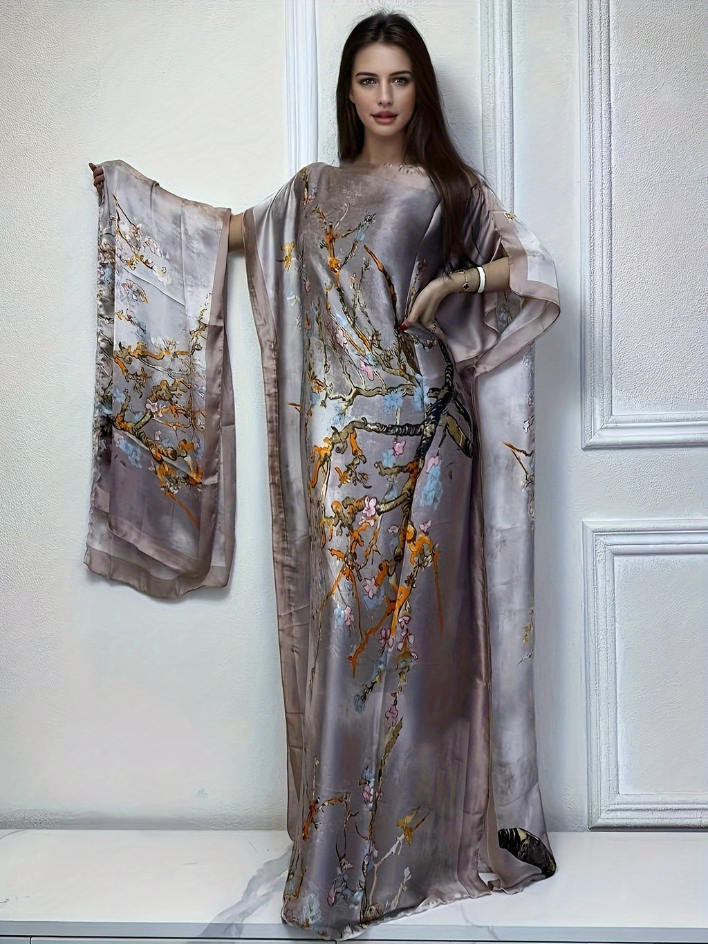 Tree Print Round Neck Long Dress, Elegant Batwing Sleeve Loose Fit Long Dress with Headscarf, Women's Fashion - Light Purple