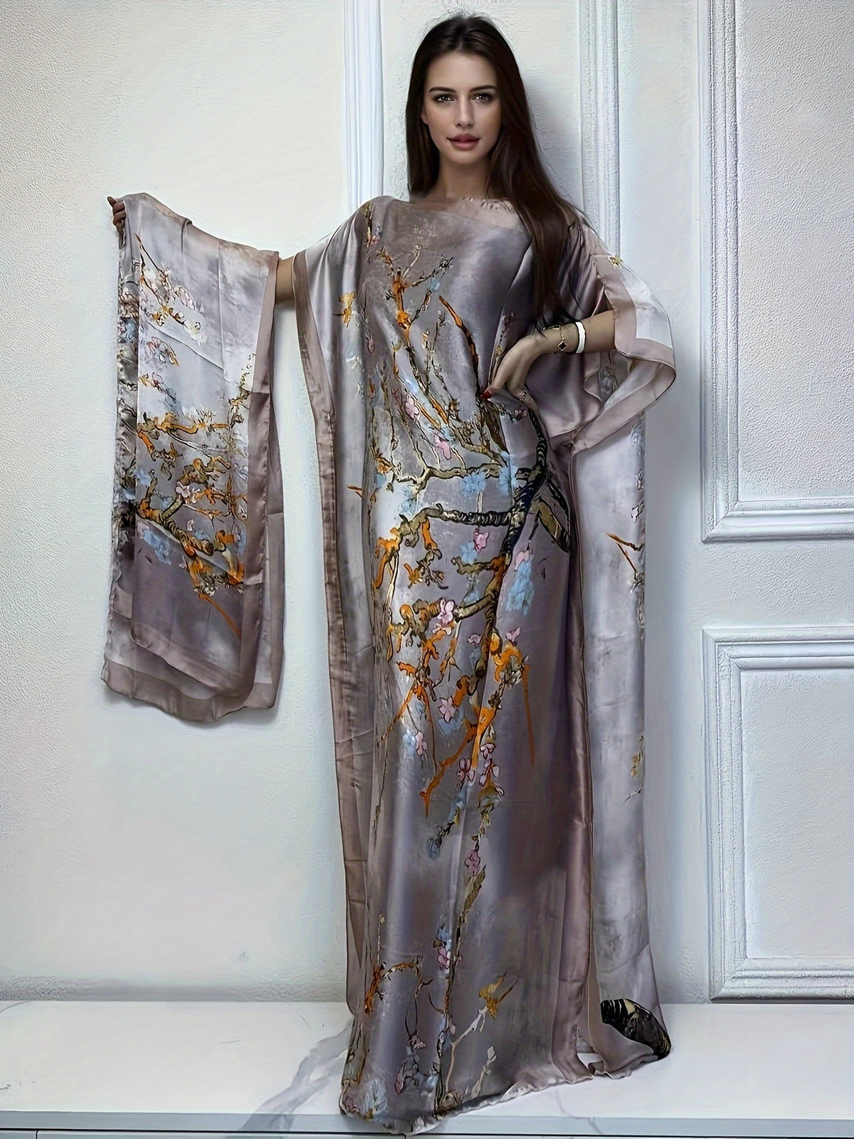 Tree Print Round Neck Long Dress, Elegant Batwing Sleeve Loose Fit Long Dress with Headscarf, Women's Fashion - Light Purple