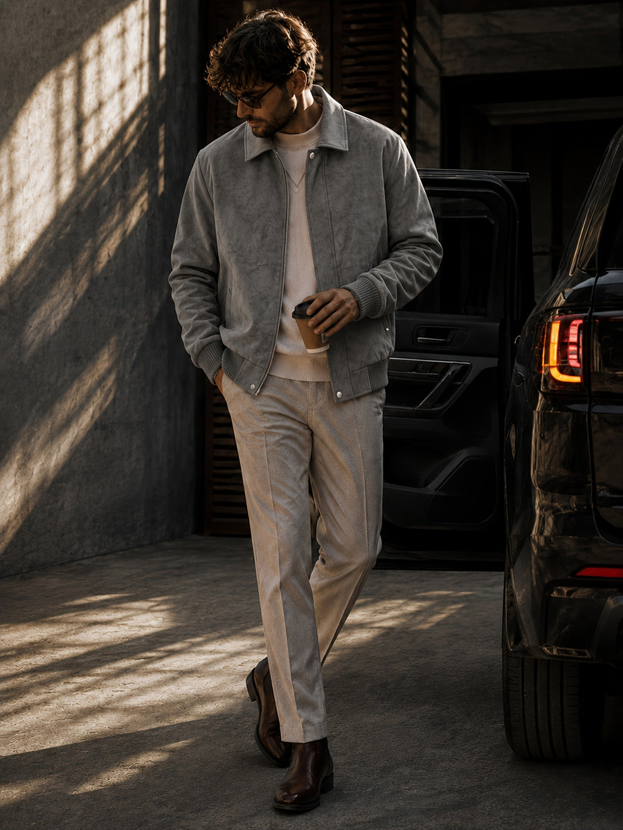 Men'S Autumn Winter Thickened PU Material Jacket, Retro Lapel Fleece-Lined Jacket, Loose Commuter All-Match Cargo Top, Windproof And Anti-Deformation, Autumn Winter Style, Travel Outdoor Wear - Grey Fleece
