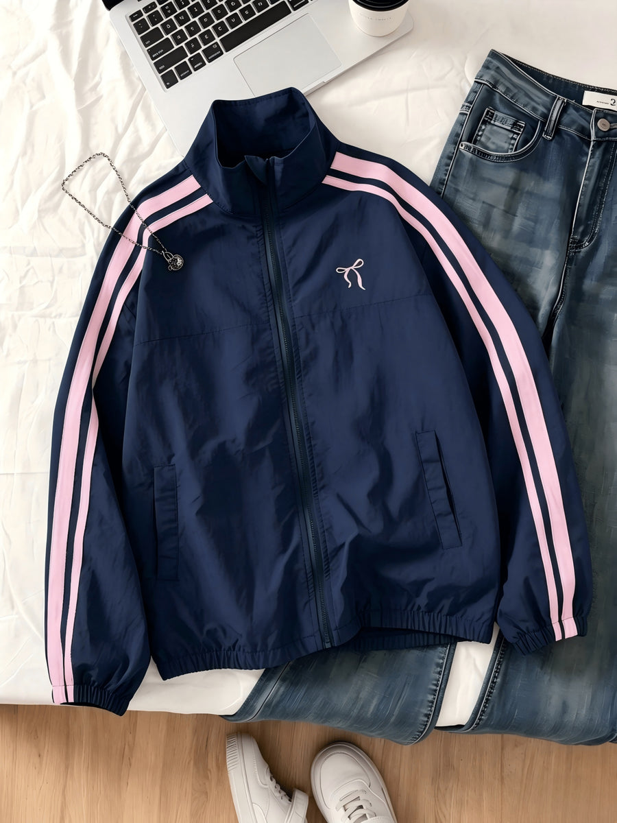 Women's Vintage College Bomber Jacket - Oversized Stand Collar Zipper Jacket with Chest Bow Embroidery, Two-Stripe Suitable for Casual Wear, Spring/Summer Swear, Unisex Couple's Outerwear, Machine Washable Loose Fit Jacket - Navy Color
