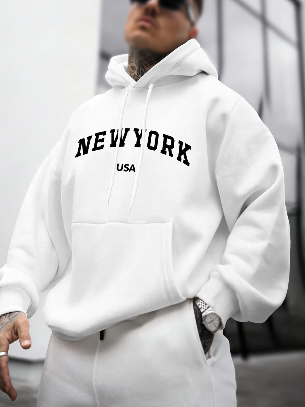 Unisex Trendy New York Print Loose-fit Hooded Sweatshirt, No Texture, No Embroidery - Mixed colors
