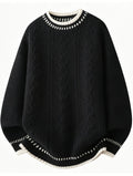 Men'S Retro Cable Knit Sweater, Contrast Ribbed 3D Jacquard Pullover for Autumn Winter, Trendy Casual Top - Black