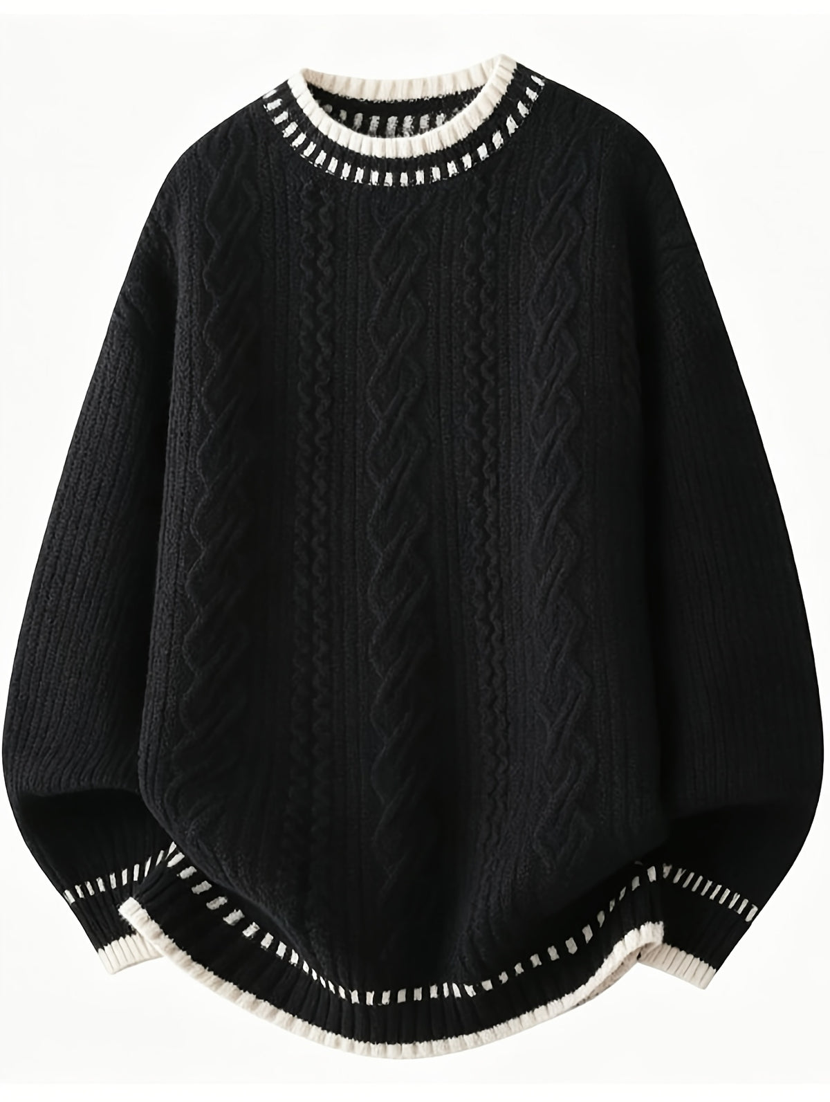 Men'S Retro Cable Knit Sweater, Contrast Ribbed 3D Jacquard Pullover for Autumn Winter, Trendy Casual Top - Black