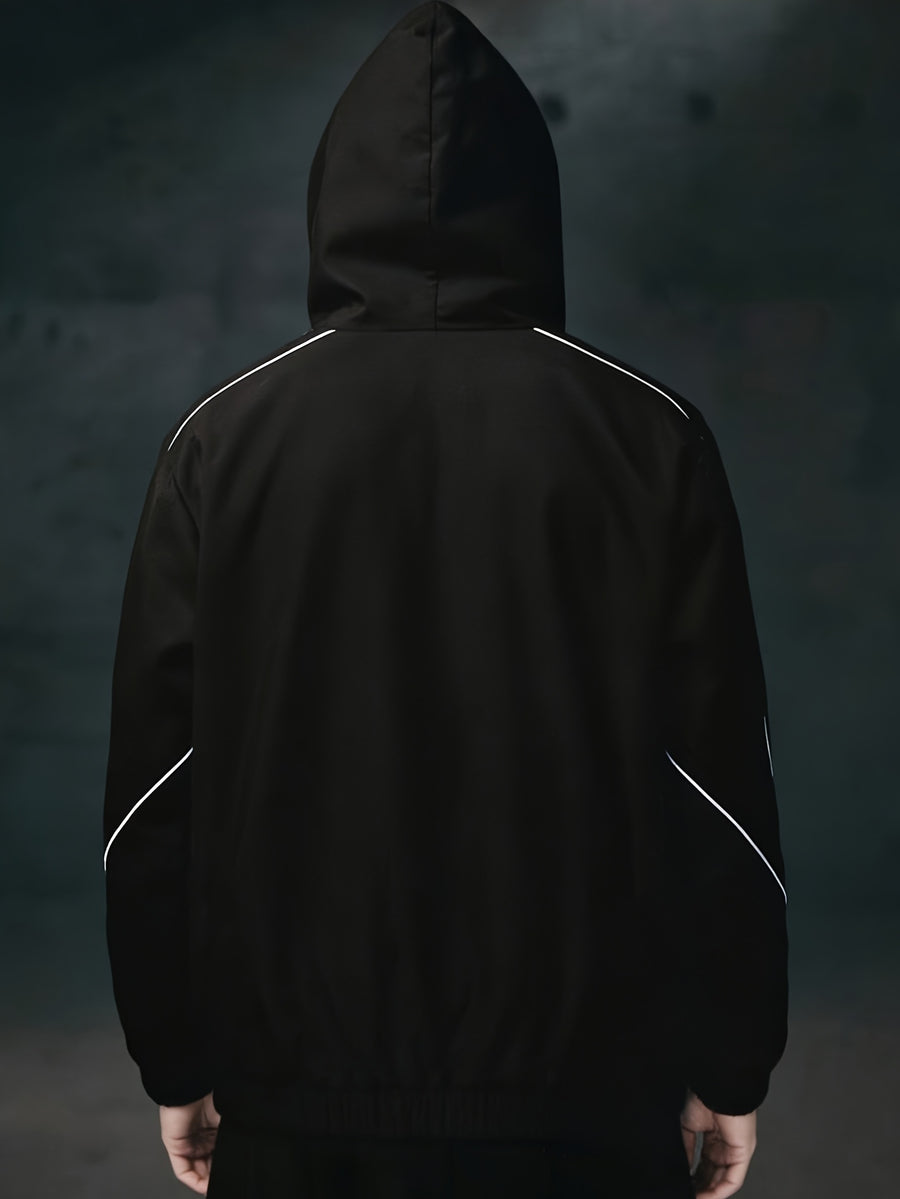 Men'S Casual Contrast Striped Jacket, Hooded Zip-Up. Comfortable Fit, Fashionable Jacket Coat - Black And White