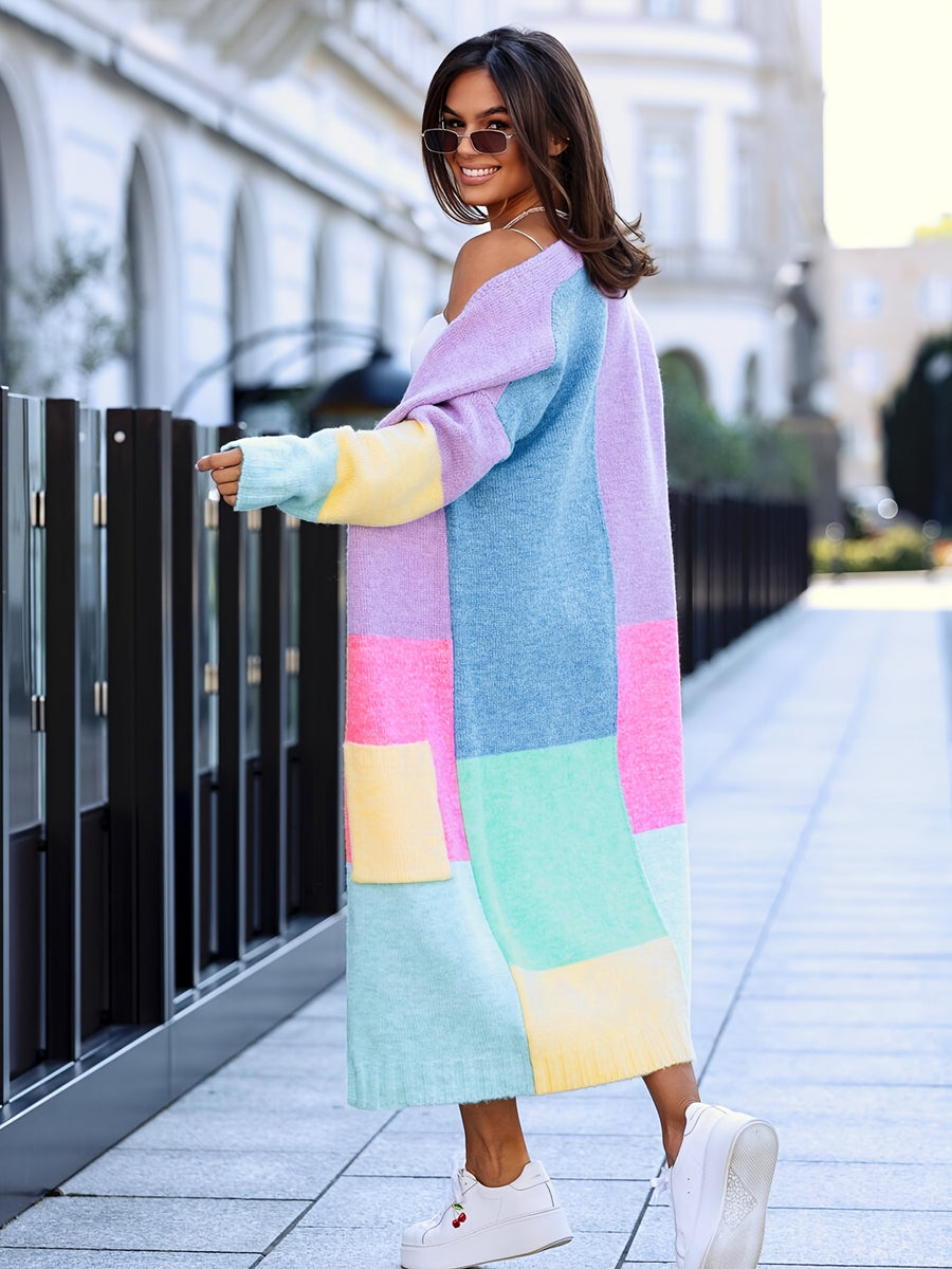 Women's Autumn/Winter Long Sleeve Color Block Patchwork Loose Fit Fashionable Commuter Outfit, Age-Reducing Versatile Cardigan Sweater with Pockets, Long Coat, Niannian - Blue