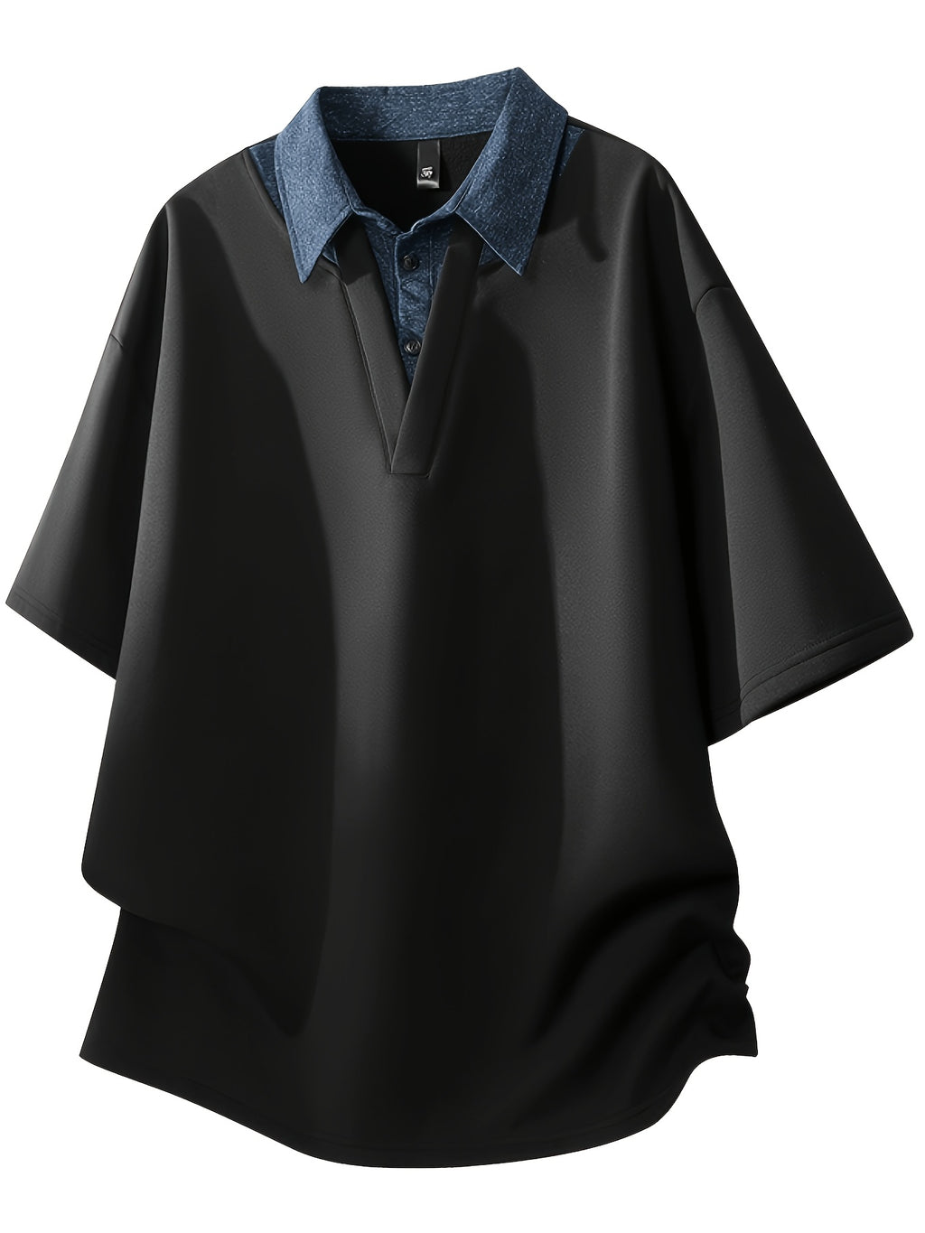 Men's Summer Lapel Collar Built-in 2-in-1 Look V-Polo, Unisex Drop Shoulder Loose Fit Curved Hem Draped Short Sleeve T-Shirt - Black