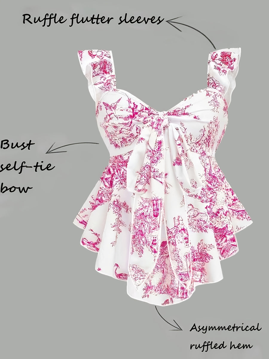 Elegant Summer Dress for Women in White and Pink Textured Print, Featuring a Fitted Vest Design with Ruffle Trim for Festive Tea Parties. Adorned with a Bow Detail, It's Perfect for Valentine's Day Wear - Mixed colors