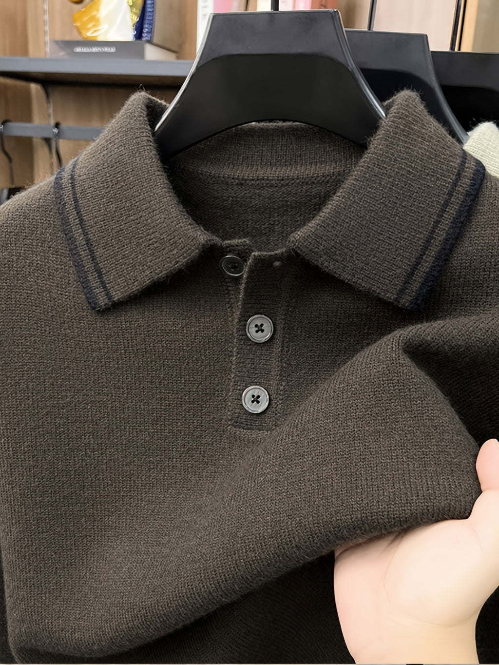Men'S Lapel Long Sleeve Knit Sweater, Ribbed Cuffs And Hem, Versatile for Casual And Business Wear - Brown