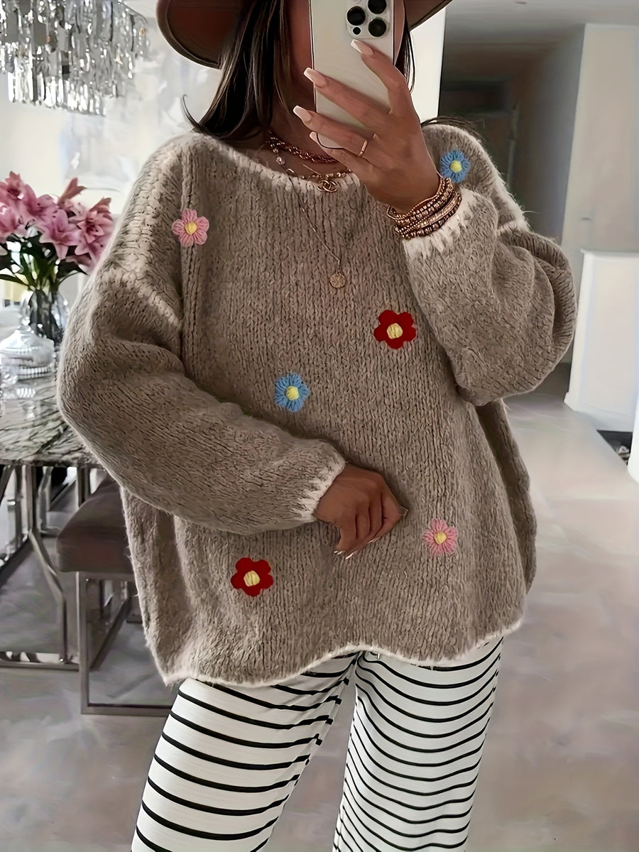 Women's Floral Pullover Elegant Sweater for Autumn and Winter - Khaki