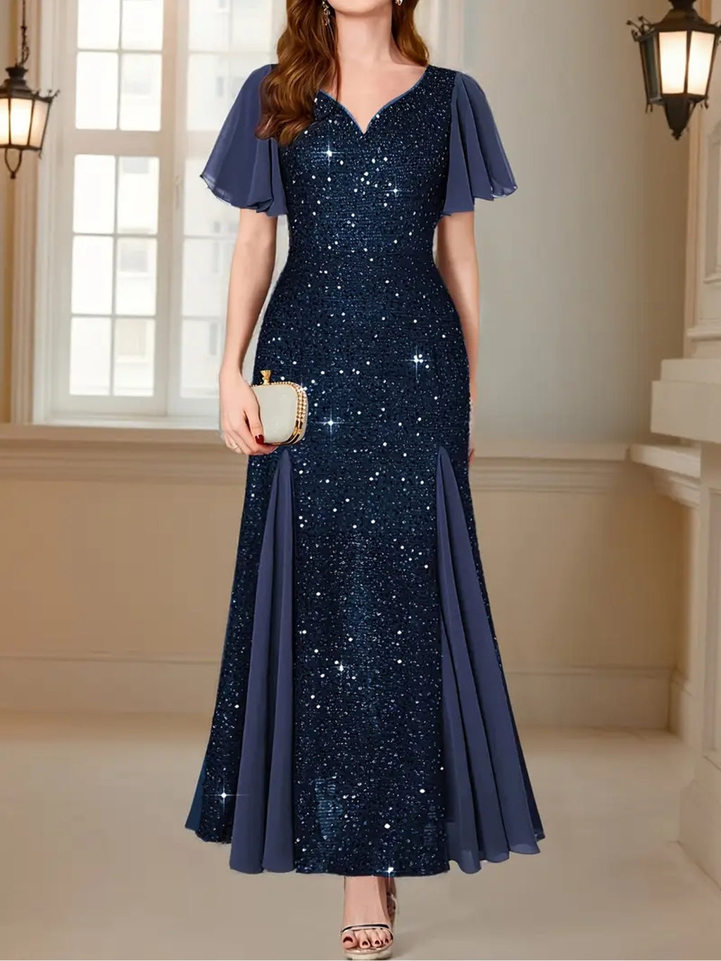 Elegant and Sophisticated Blue Sequin Mermaid Dress for Women, Featuring a V-neck and Flutter Sleeve Design. A Stylish and Elegant Women's Formal Party Dress, Suitable for Formal Evening Events. High-end Wedding Gown with Sequin Embellishments - Blue
