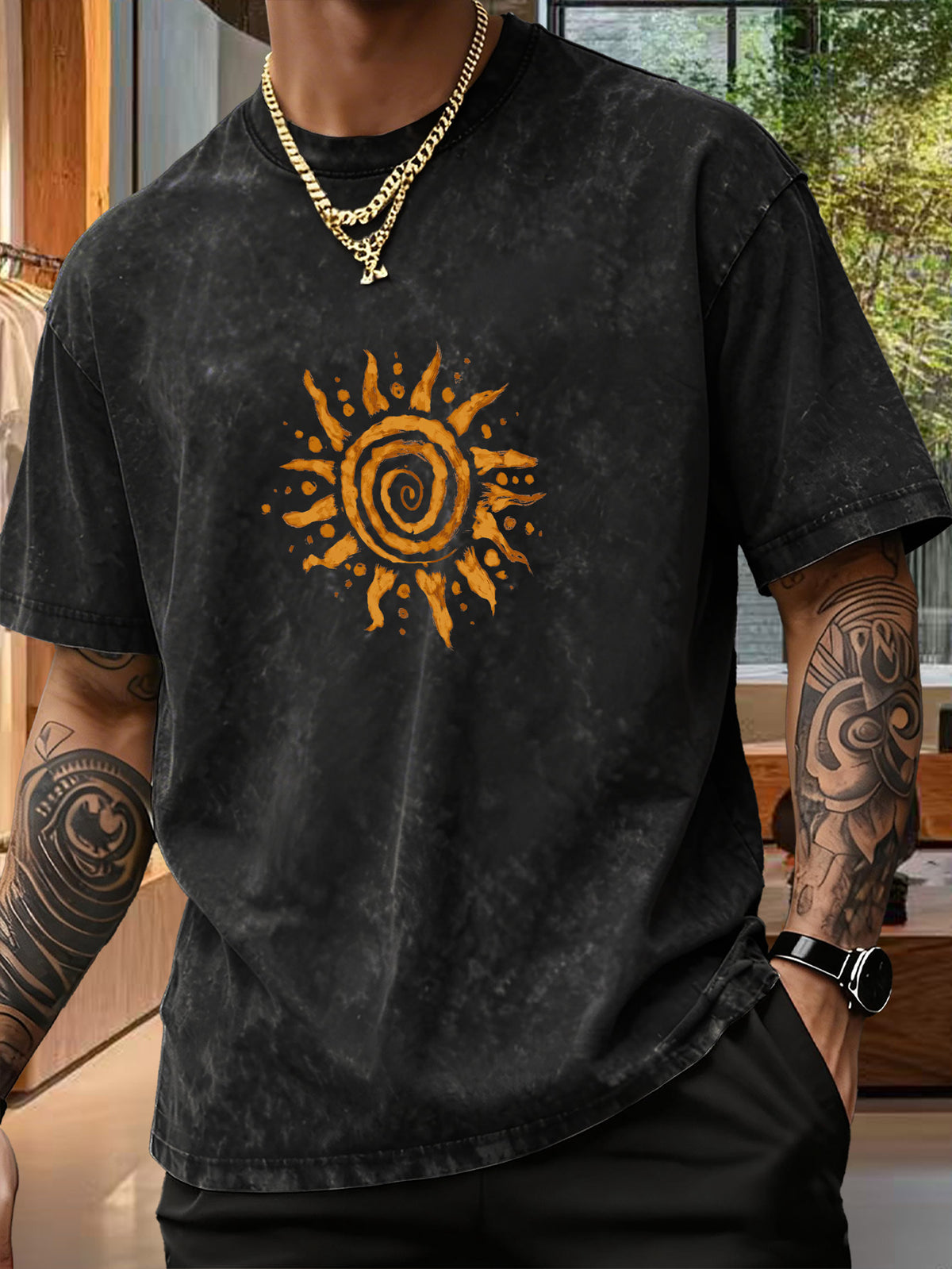 Men's Short-Sleeve T-Shirt, Pure Loose Fit Top, Trendy Reversible Double-Sided Swirl Sun Print, 12 Colors for  Mix & Match, Washed Distressed American Street Style, Versatile for Daily Outings, Streetwear, Sports, Fitness, and Commuting - Black