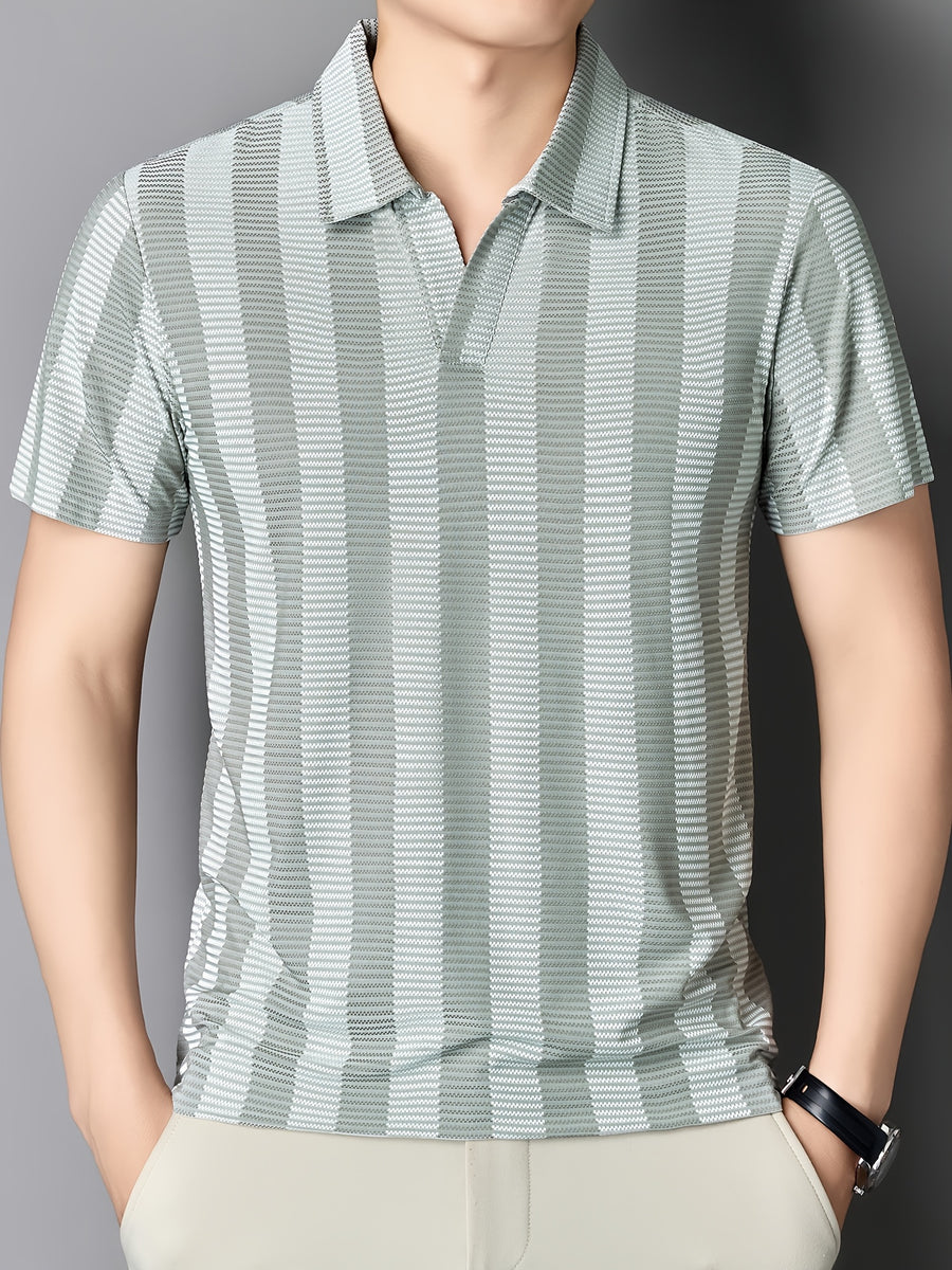 [Sleek Awakening OBM] Spring/Summer New Men'S Polo Shirt, Old Money Style Knit Jacquard Striped Contrast Half-Button Placket Cutaway Collar Short Sleeve T-Shirt for Men, Fashionable And Versatile Pullover Base Layer Top - Light Grey