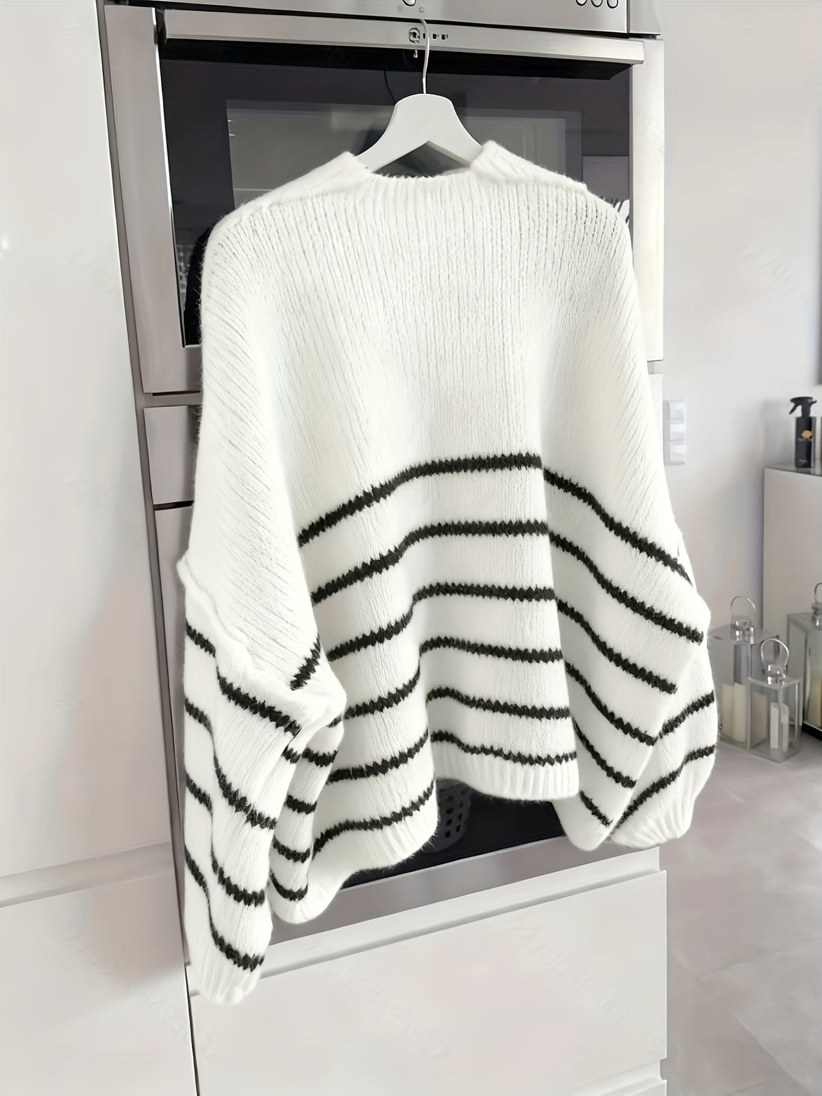 Autumn Winter Loose Lazy Style Soft Muted Contrast Black White Striped Casual Women'S Cardigan Coat - White