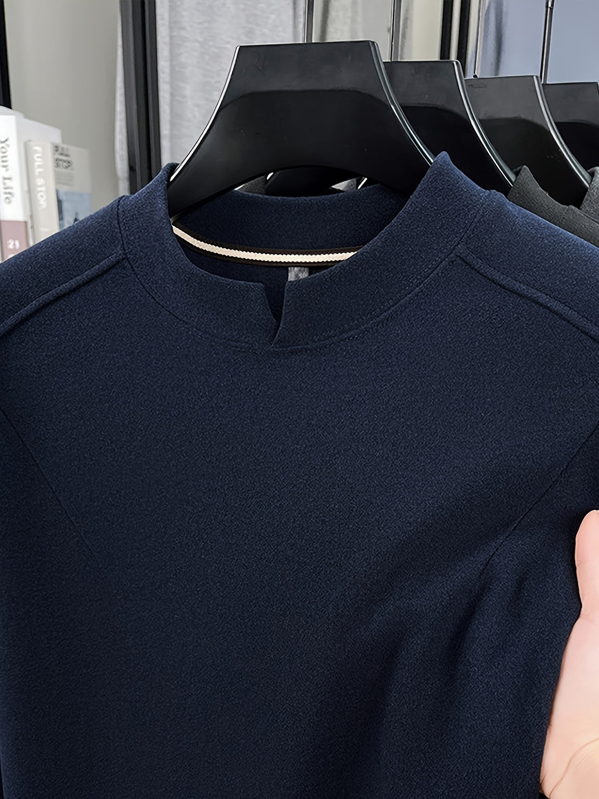 Men'S Small V-Neck Corduroy Long Sleeve Base Layer, Light Luxury Business Casual Warm Inner Wear, Featuring Chinese Small Open Collar Design, Suitable for Autumn/Winter Layering And Daily Commute - SINBOS - Navy Color