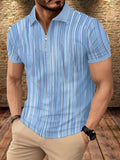 Men's Fashion Zip Polo Shirt Summer New Short Sleeve Lapel Casual Top Trendy Striped Print Slim Fit Versatile T-shirt - Mixed colors