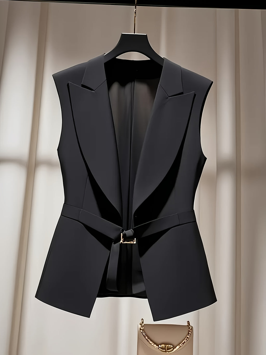 Elegant Women's Sleeveless Blazer - Stylish Solid Color Lapel Golden Double Pocket Vest, Versatile Spring/Summer/Autumn Fashion Jacket, Machine Washable Polyester Fabric, High-End Chic Style, Luxurious Appearance - Black