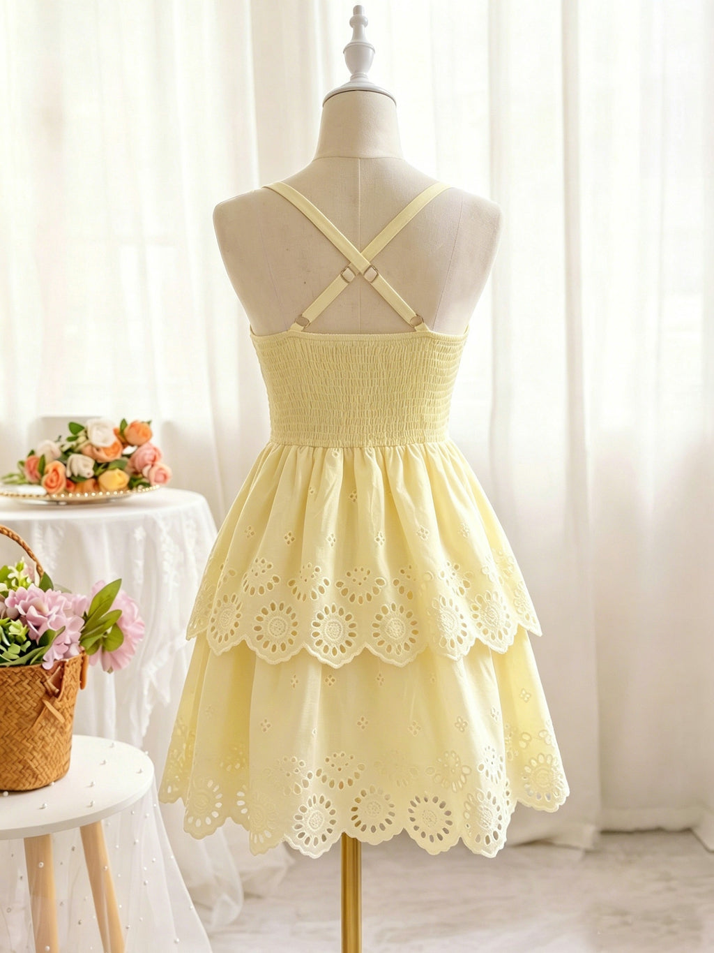 Elegant V-Neck Smocked Waist Adjustable Cross Shoulder Straps Hollow Embroidery Double Layer Cake Dress, Niannian Women'S Wear - 【Light Yellow】
