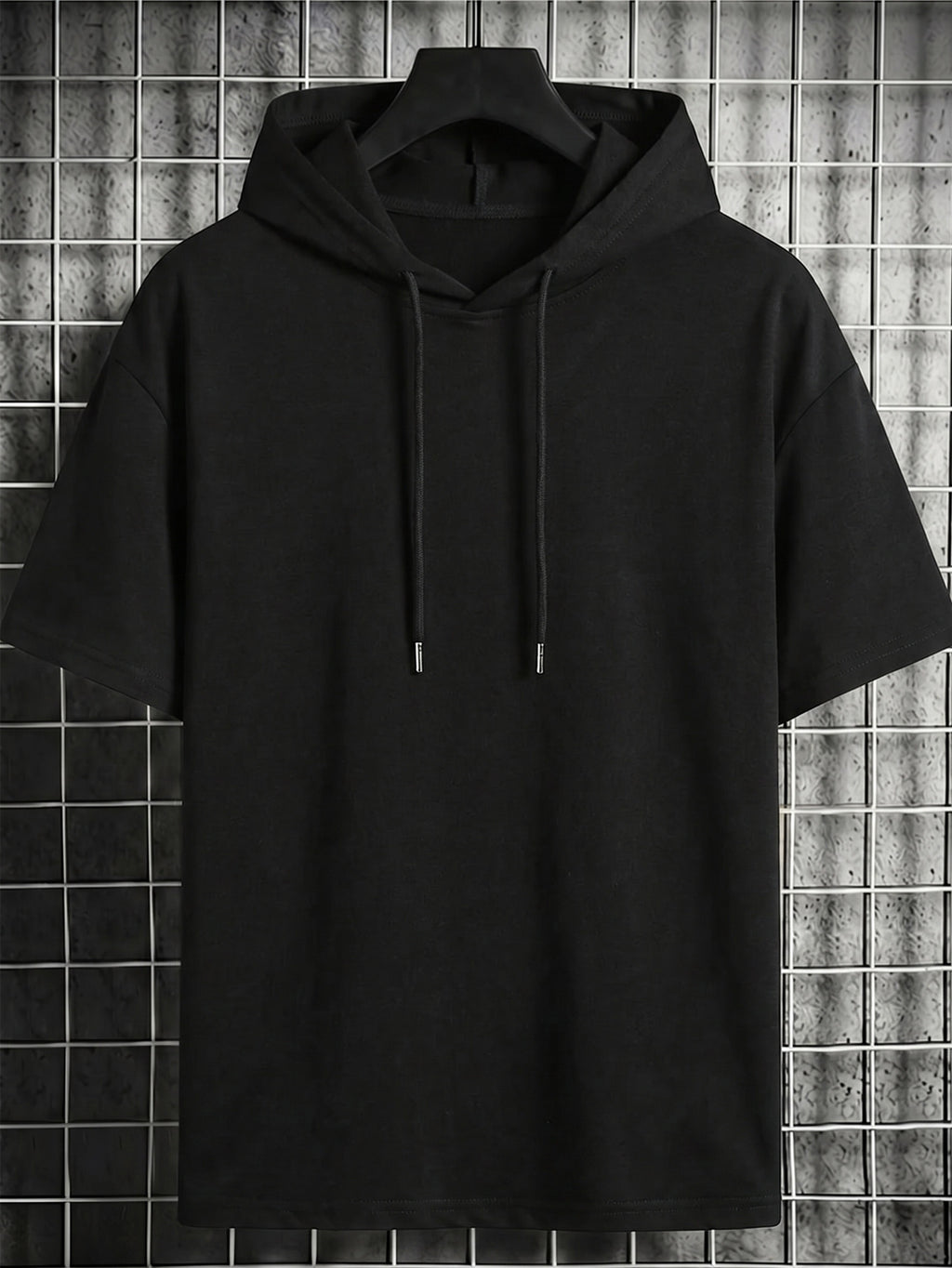 Men's Drawstring Short-Sleeve Hoodie - European and American High Street Style Men's Hooded Short-Sleeve Hoodie with  Vertical English Letter Print on the Back, Featuring Functional Stretch Technology, Wrinkle-Resistant, Crisp, and Slim-Fitting - Black