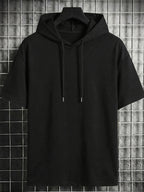 Men's Drawstring Short-Sleeve Hoodie - European and American High Street Style Men's Hooded Short-Sleeve Hoodie with  Vertical English Letter Print on the Back, Featuring Functional Stretch Technology, Wrinkle-Resistant, Crisp, and Slim-Fitting - Black
