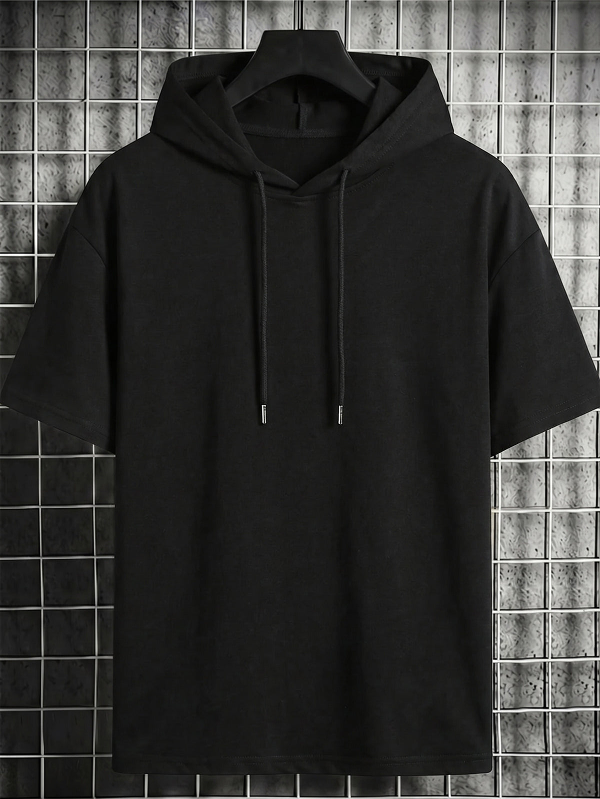 Men's Drawstring Short-Sleeve Hoodie - European and American High Street Style Men's Hooded Short-Sleeve Hoodie with  Vertical English Letter Print on the Back, Featuring Functional Stretch Technology, Wrinkle-Resistant, Crisp, and Slim-Fitting - Black