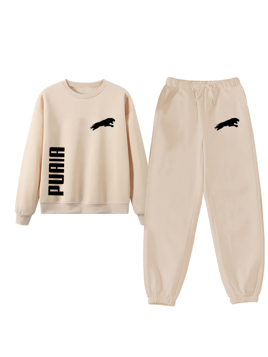 PUAIA Logo, Autumn/Winter Long Sleeve And Pants 2pcs Set, Sweatshirt Ankle-Cinching Trousers Easy Casual Home Commute Women'S Clothing! - Apricot
