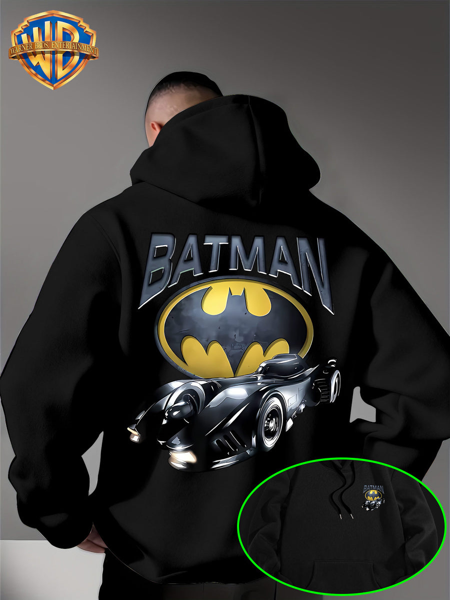Batman Batmobile Print Hoodie, DC Movie Front-Back Print Loose Trendy Sweatshirt, Streetwear Casual Men'S Adjustable Drawstring Hoodie, Comfortable Casual Fall/Winter Wear, Fleece-Lined Warm, Suitable for Sports, Outdoor, Outings, Travel - Black