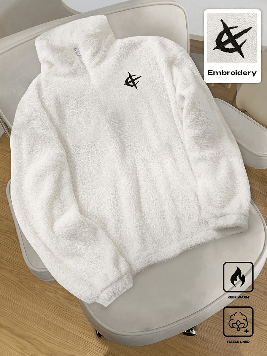 1pc Men's Quarter Zip Pullover Sweatshirt, Dark Grey, Autumn, Streetwear, Embroidered Design, Casual Sports & Commute Winter Clothes for Men - White