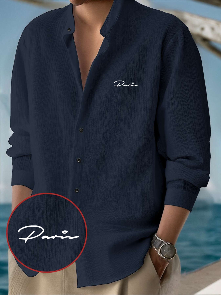 Men's Classic Solid Color Casual Long Sleeve Button- Shirt - Stand Collar Design, Machine Washable, Letter Print, All-Season Wear, Suitable for Outings, Beach & Casual Attire, Machine Washable, Solid Color Shirt, Casual Shirt - Navy Color