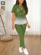 Fashionable Women'S Spring/Summer Set | Crew Neck Short Sleeve Printed Top with Long Pants | Architectural Pattern, Regular Fit - Dark Green
