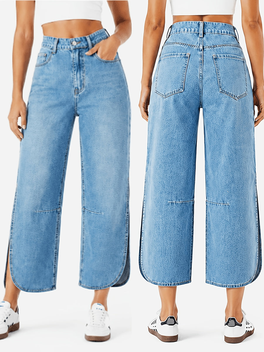Women's Non-Stretch Vintage Versatile Casual Fashionable Elegant Mid-Waist Pocket Machine Washable Durable Slit Multi-Functional Loose Straight-Leg Cropped Jeans Streetwear Trendy Style - Bright Steel Blue