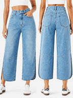 Women's Non-Stretch Vintage Versatile Casual Fashionable Elegant Mid-Waist Pocket Machine Washable Durable Slit Multi-Functional Loose Straight-Leg Cropped Jeans Streetwear Trendy Style - Bright Steel Blue