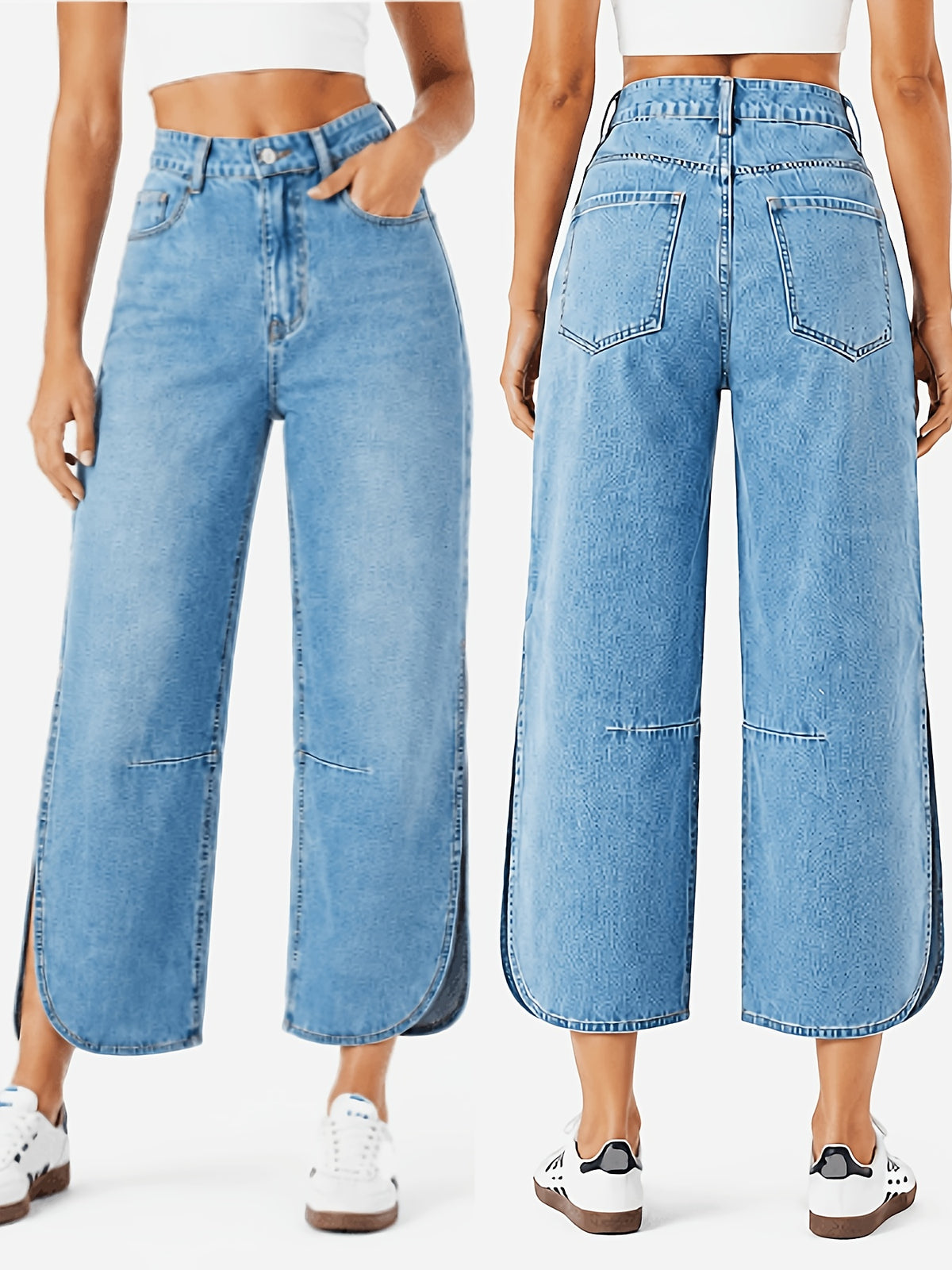 Women's Non-Stretch Vintage Versatile Casual Fashionable Elegant Mid-Waist Pocket Machine Washable Durable Slit Multi-Functional Loose Straight-Leg Cropped Jeans Streetwear Trendy Style - Bright Steel Blue