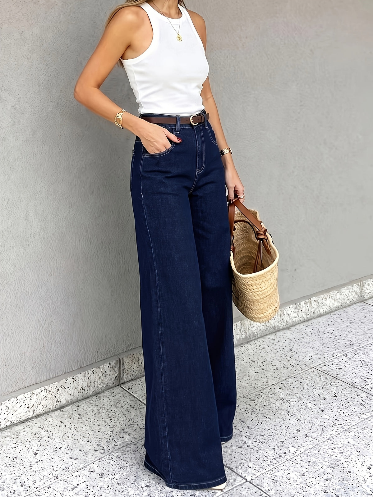 Women'S Stretch Dark Blue/Denim Jeans, High-Waist Relaxed Wide-Leg Jeans, Elegant And Temperament-Enhancing Essential for Outings, Summer Travel - Deep Blue